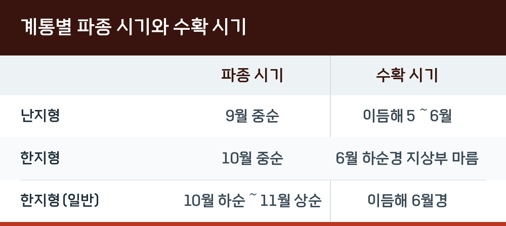 계통별 파종 시기와 수확 시기