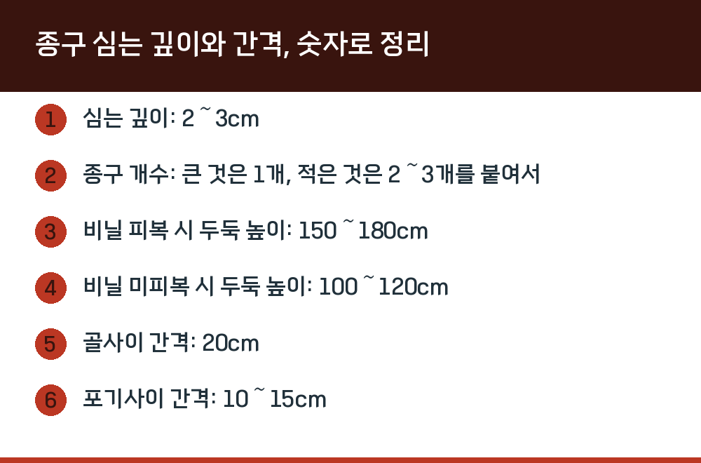 종구 심는 깊이와 간격, 숫자로 정리