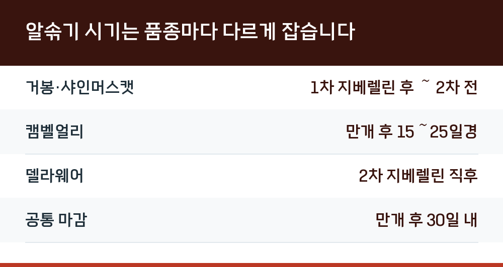 알솎기 시기는 품종마다 다르게 잡습니다